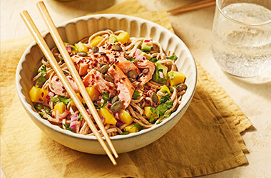Salmon and avocado noodle bowls