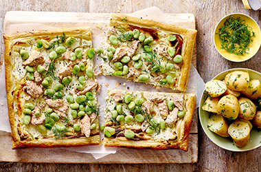 Salmon and broad bean tart, teriyaki meatballs...