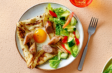 Sausage and egg open pancake