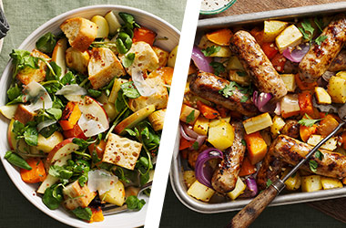 Sausage and root veg traybake AND panzanella salad