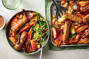 Veggie sausage, apple and sweet potato traybake 