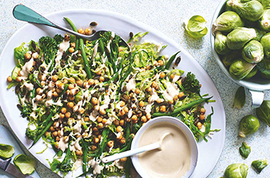 Shredded sprout and chickpea salad with maple-tahini dressing
