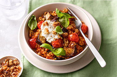 Smoky aubergine pearl barley risotto