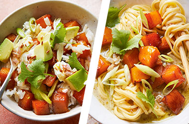 Squash noodle soup AND squash and avocado rice bowl
