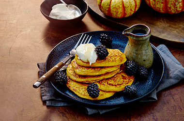 Sweet pumpkin pancakes with blackberries