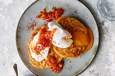 Sweetcorn pancakes with poached eggs and salsa