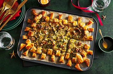 Sprout, blue cheese and walnut puff pastry tart