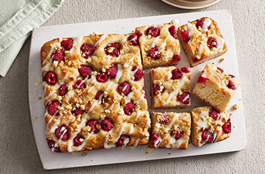 No-knead white chocolate and raspberry cheesecake focaccia