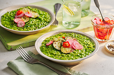 Green veg and coconut risotto with a pickled chilli radish