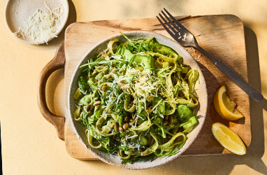 Tagliatelle with pumpkin seed and courgette pesto
