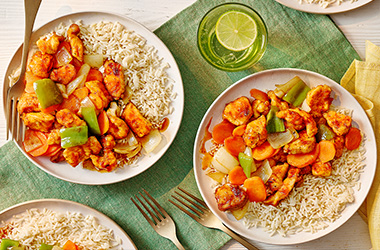 Chinese-style orange chicken with rice
