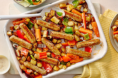 Veggie sausage honey mustard traybake