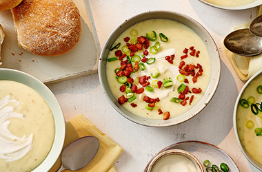 Loaded baked potato soup with bacon and spring onions