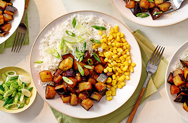 Honey soy aubergine stir fry with rice