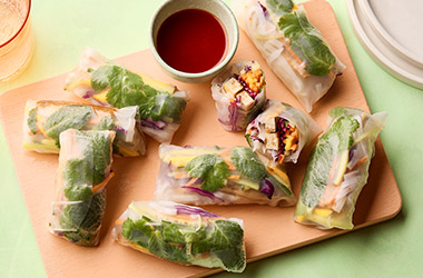 Tofu and rainbow veg summer rolls with sweet chilli sauce