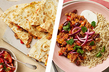 Turkey chilli AND cheeseburger quesadilla