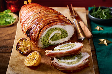 Turkey porchetta with sprout and chestnut pesto