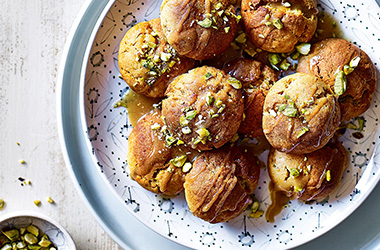 Vegan doughnut balls with tahini and maple drizzle