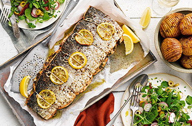 Roast salmon with hasselback potatoes