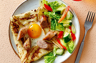Sausage and egg open pancake
