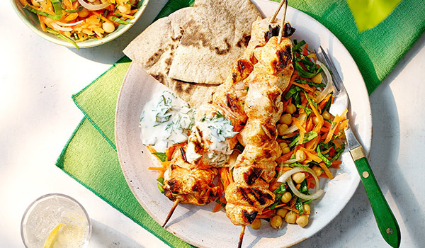 Monday: Spiced chicken skewers with chickpea salad