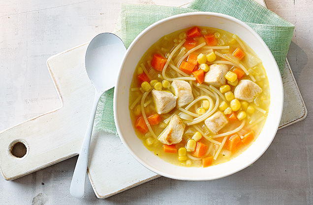 Wednesday: Chicken, sweetcorn and carrot spaghetti soup 