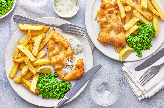 Beer-battered fish with mushy peas recipe