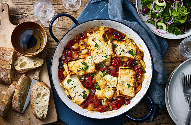 Baked feta and tomatoes with cucumber salad