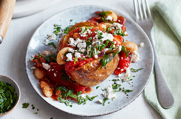 Baked potatoes with tomato butter beans