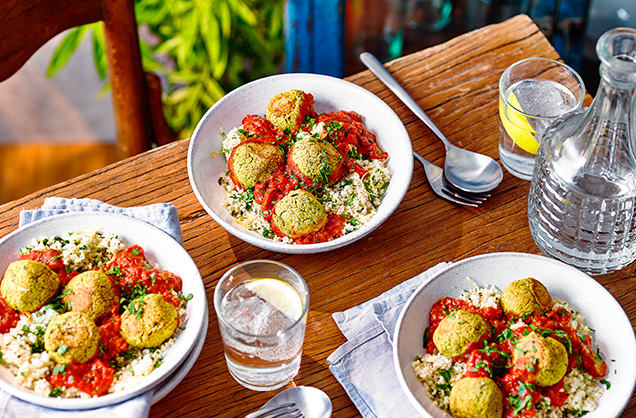 Wednesday: Tomato falafel traybake with lemony couscous
