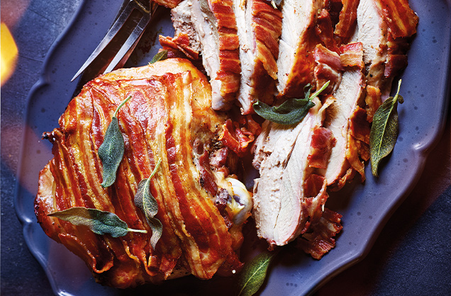 Brined turkey thighs wrapped in bacon with crispy sage recip