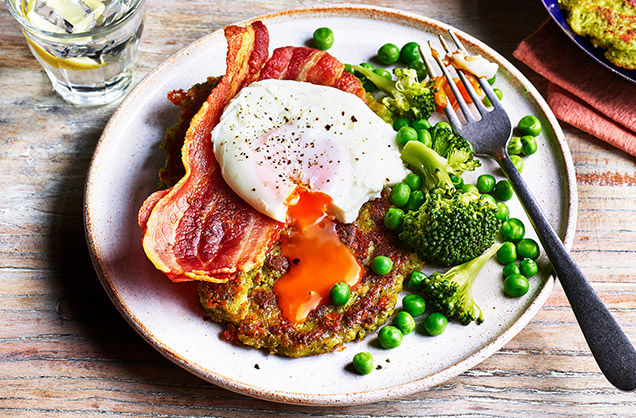 Wednesday: Broccoli and pea fritters with bacon and eggs
