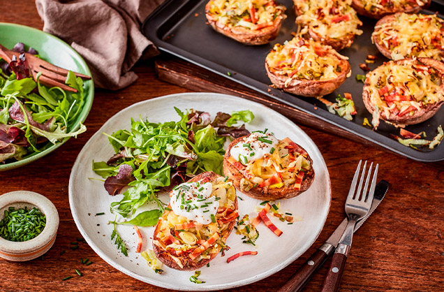 Bubble ‘n’ squeak loaded potato skins