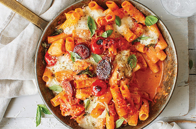 Creamy chicken, tomato and chorizo pasta bake recipe