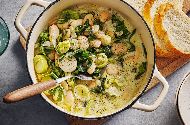 Creamy greens, pesto and butter bean stew