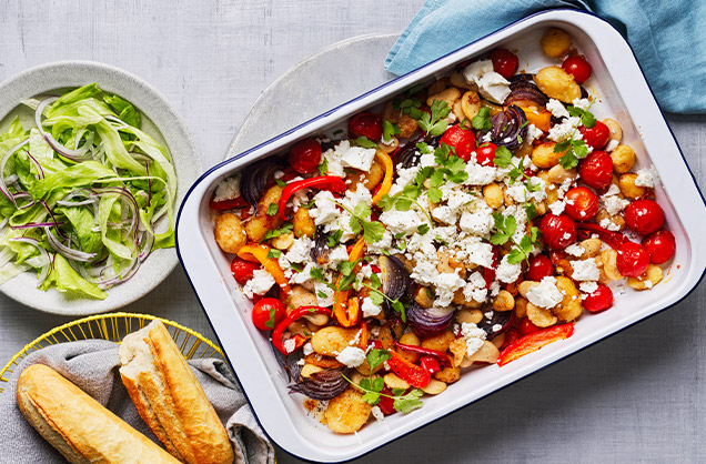 Friday: Crispy new potato, pepper and feta traybake
