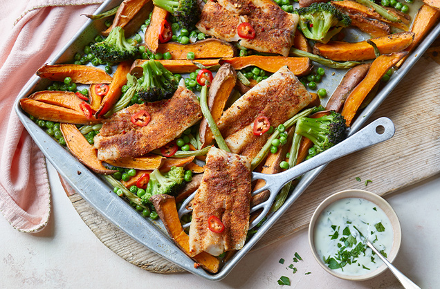 Friday: Piri-piri fish, sweet potato and broccoli traybake
