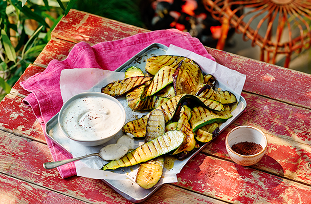 Grilled courgette and aubergine with whipped feta