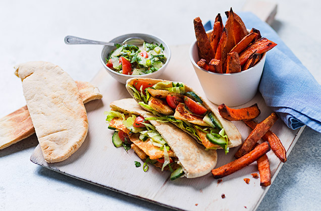 Wednesday: Halloumi pittas with sweet potato wedges