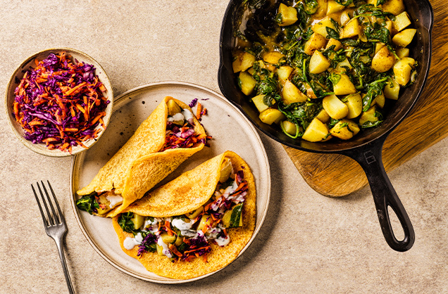 Tuesday: Red lentil dosa pancakes with potato and spinach