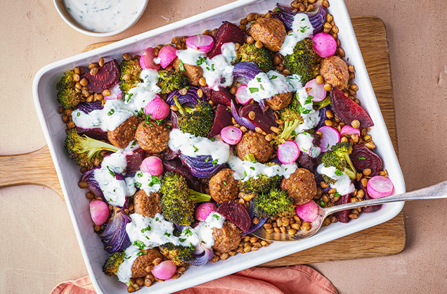 Wednesday: Meatball, beetroot and lentil bake