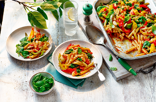 Friday: One-tray baked pepper and butter bean pasta