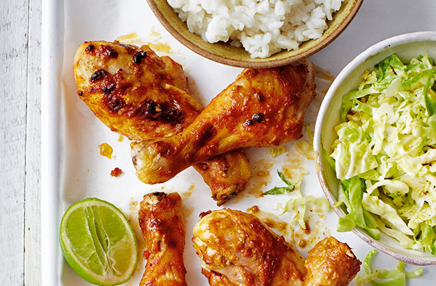 Friday: Peanut chicken drumsticks with rice and cabbage