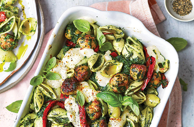 Pesto and chicken meatball bake recipe