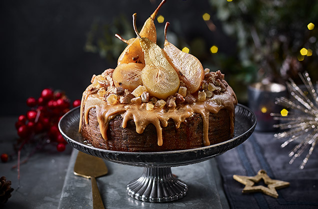 Poached pear caramel drip cake