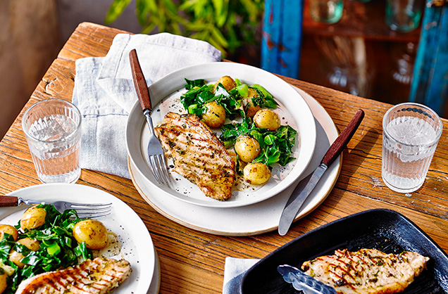 Tuesday: Herby marinated pork loin with potato and green salad 