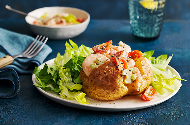 Bloody Mary-spiced prawn cocktail spud