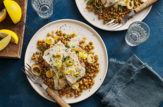 Cider-braised cod with lentils