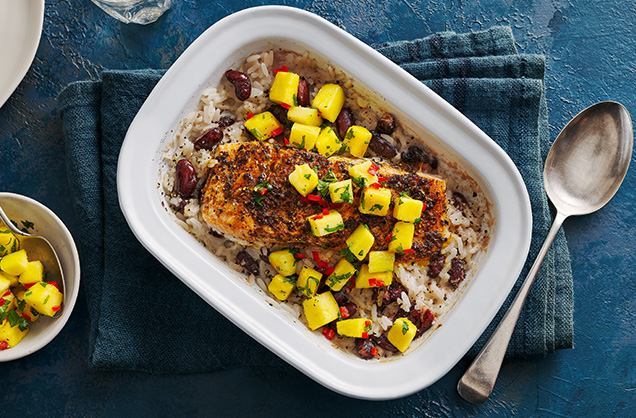 Jerk salmon with coconut rice