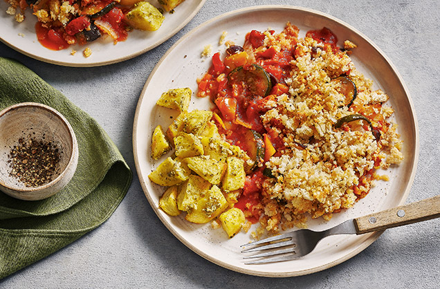 Ratatouille 'crumble' with pesto potatoes